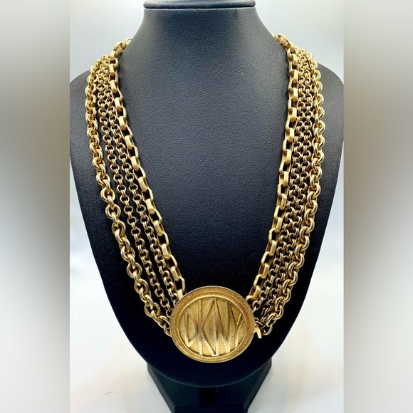 Vintage Donna Karan DKNY Signed Multi Strand Logo Medallion Collar Necklace - Picture 3 of 8